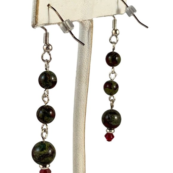 Silver Tone Pierced French Wire Green Stone & Red Crystal Earrings (N10) - Picture 3 of 3